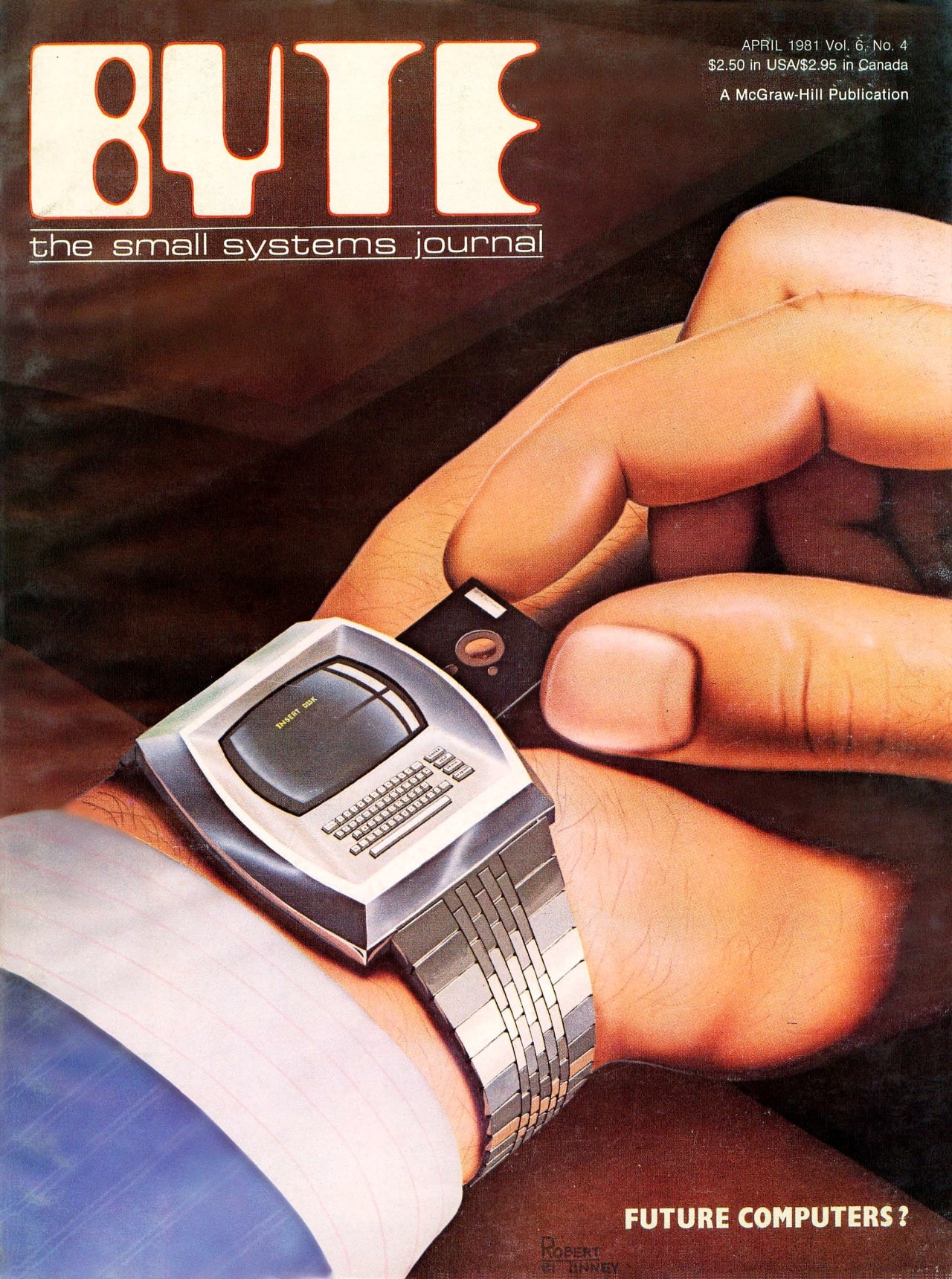 Capa da revista Byte, mostrando um relógio que imita um computador no pulso de uma pessoa, e ela inserindo um minúsculo disquete no relógio. No canto inferior, a pergunta 'Future computers?'